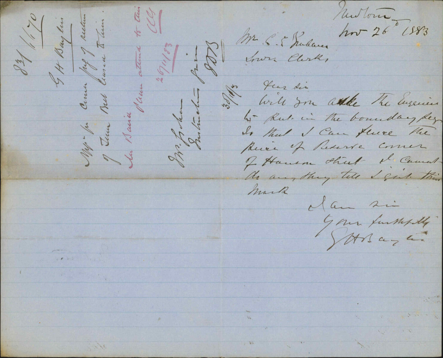 Application for corner peg of section of Town Belt leased to him - G H Baylis