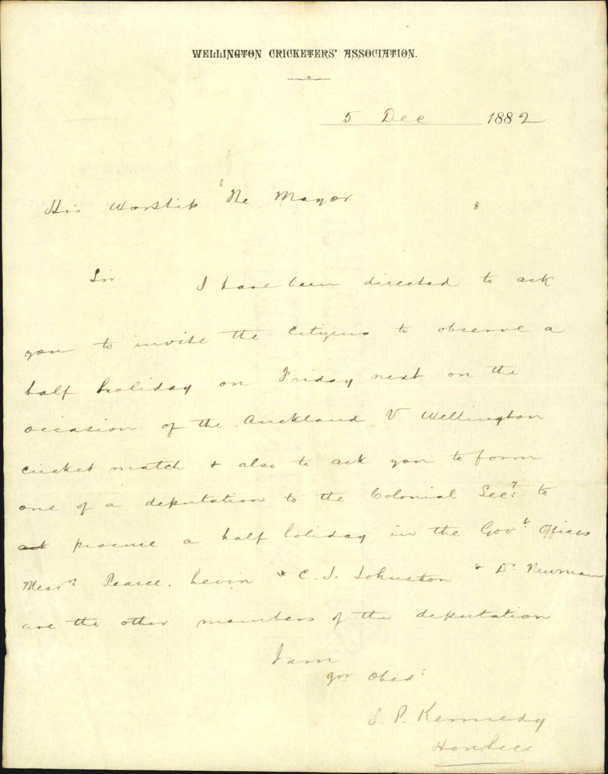 Application to the Mayor to proclaim half holiday in account of the Auckland cricket match - Cricketers Association
