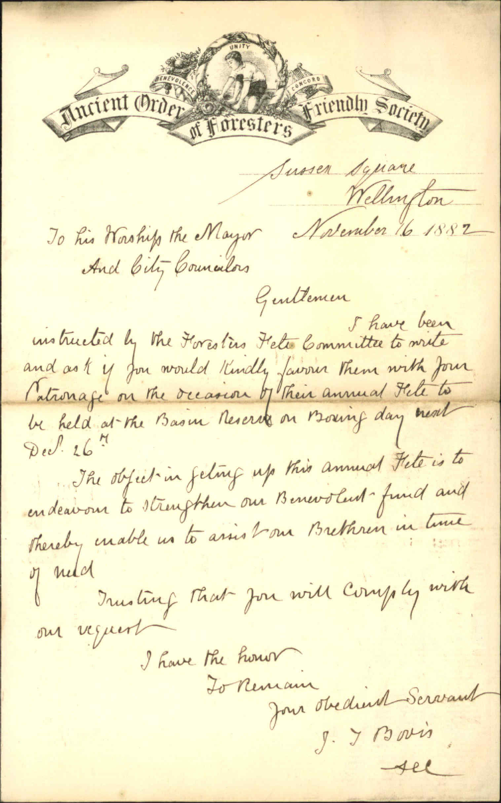 Asking patronage of council on boxing day - Ancient Order of Forresters