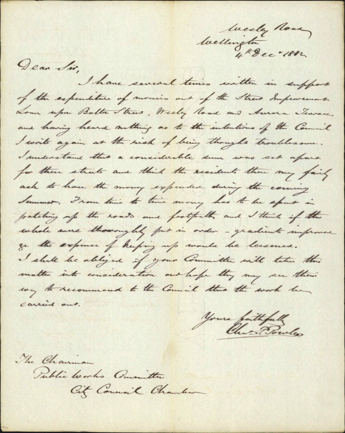 Further regarding formation of Bolton Street, Wesley Terrace - C P Powels