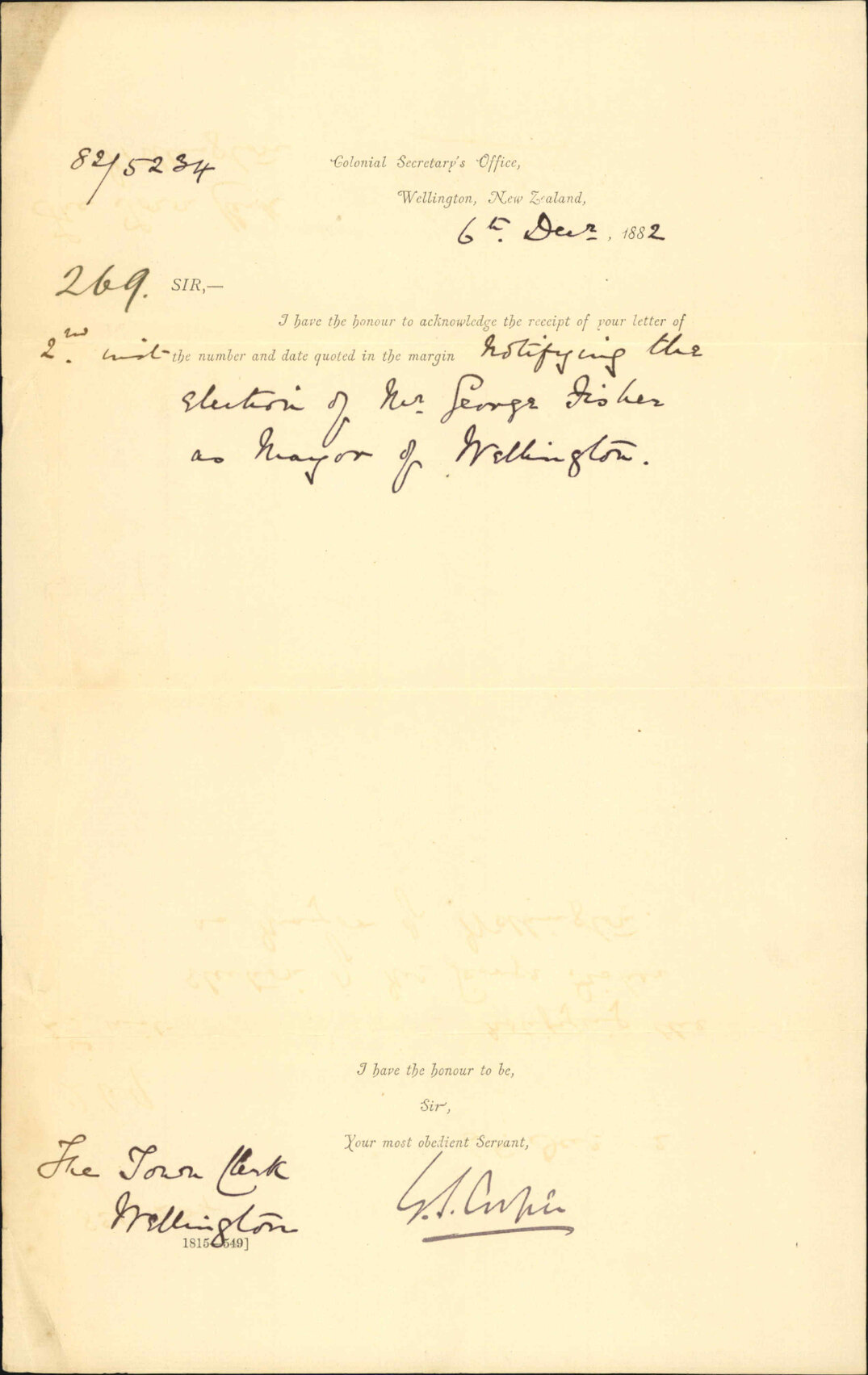 Acknowledging receipt of letter as to election of Mayor - Colonial Secretary