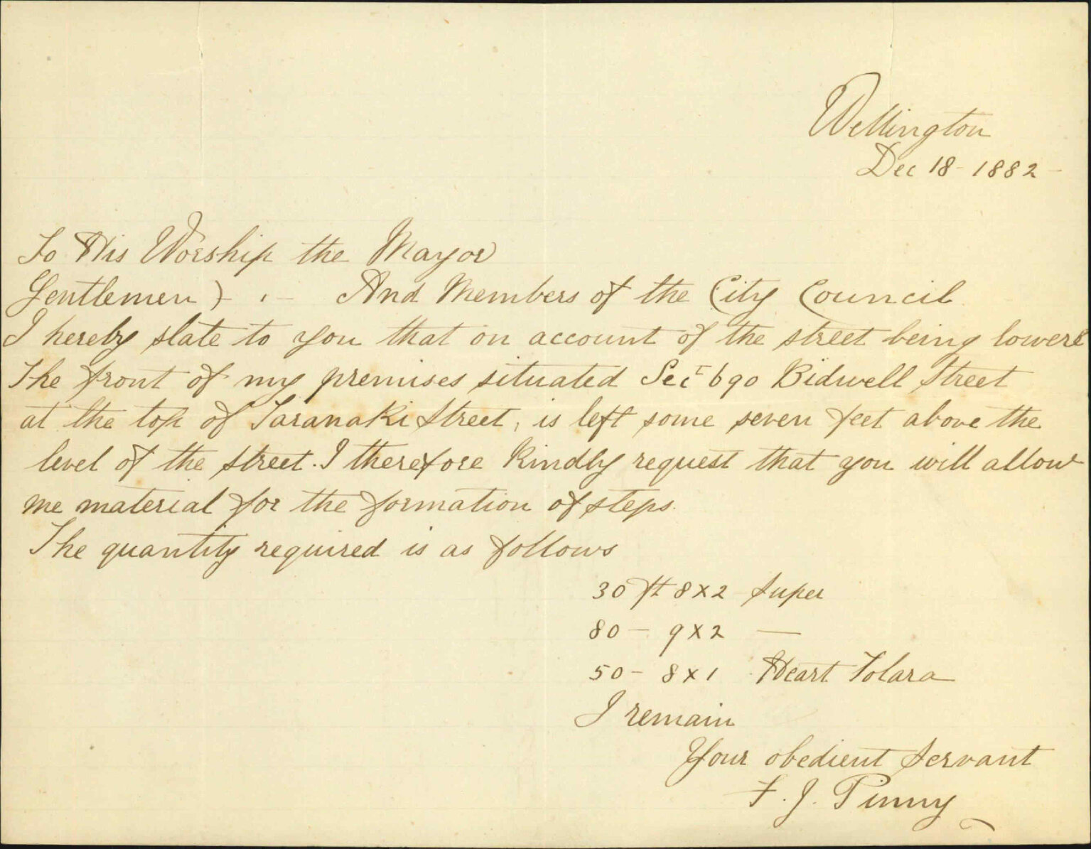 Application for material for steps in Bidwell Street - F G Pinney