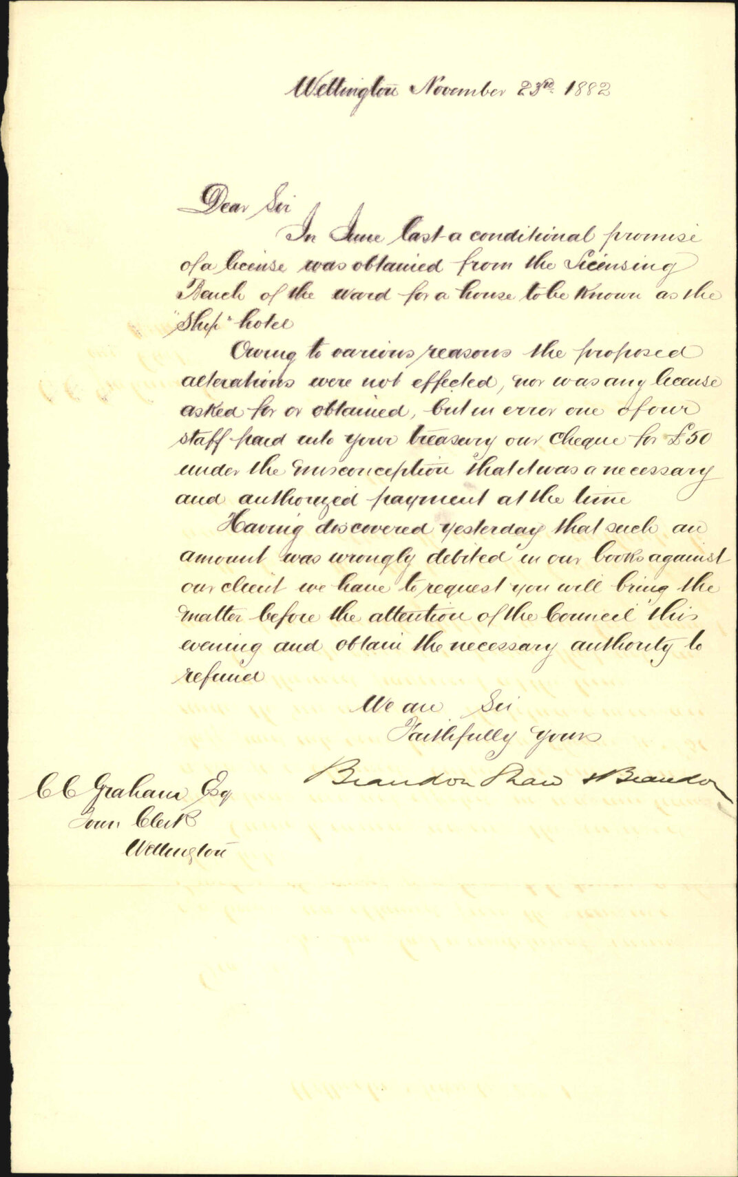Application for return of license fee on Ships Hotel - Brandon Shaw &amp; Brandon