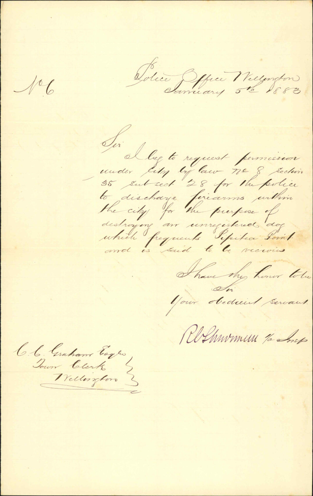 Application for leave to discharge firearms for the purpose of destroying an unregistered dog - Police Department