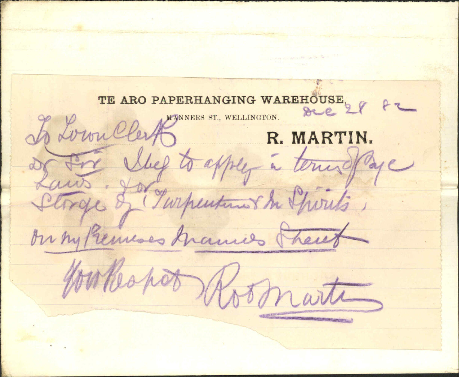 Application for license for storage of turpentine - R Martin