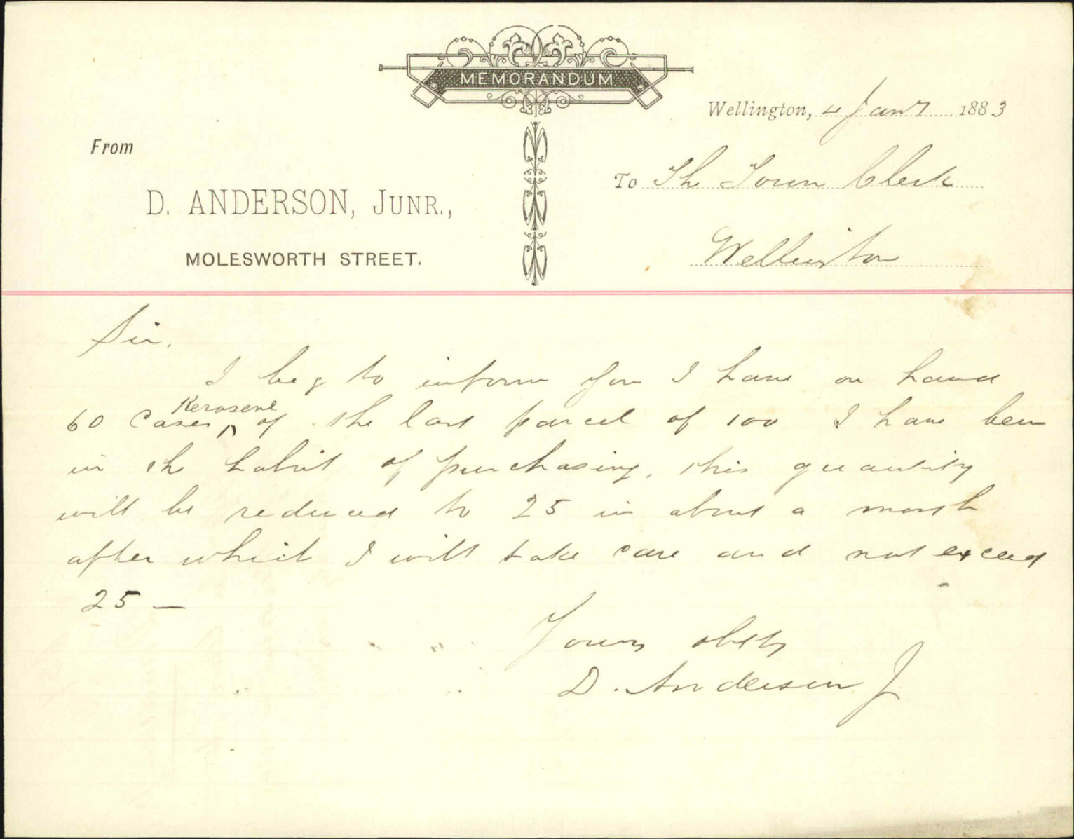 Application for leave to keep kerosene in excess of quantity authorised by law - D Anderson