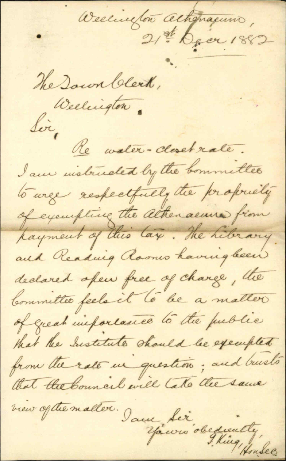 Application for remission of water closet rate - Athenaeum