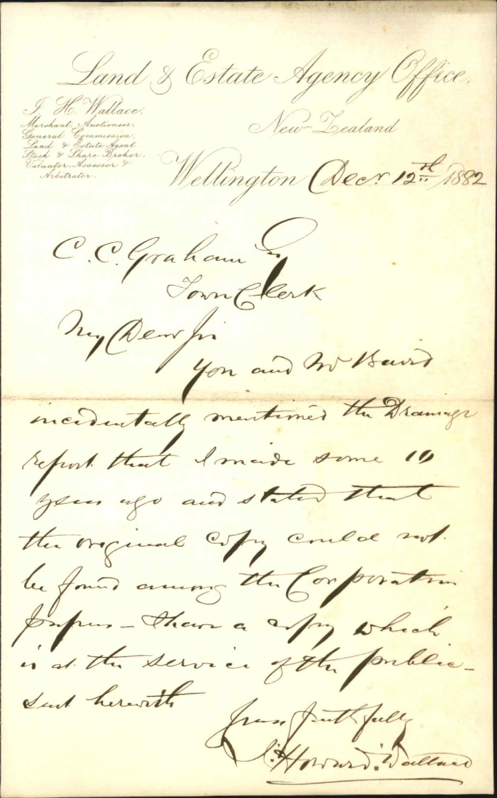 Forwarding copy of report regarding drainage - J H Wallace