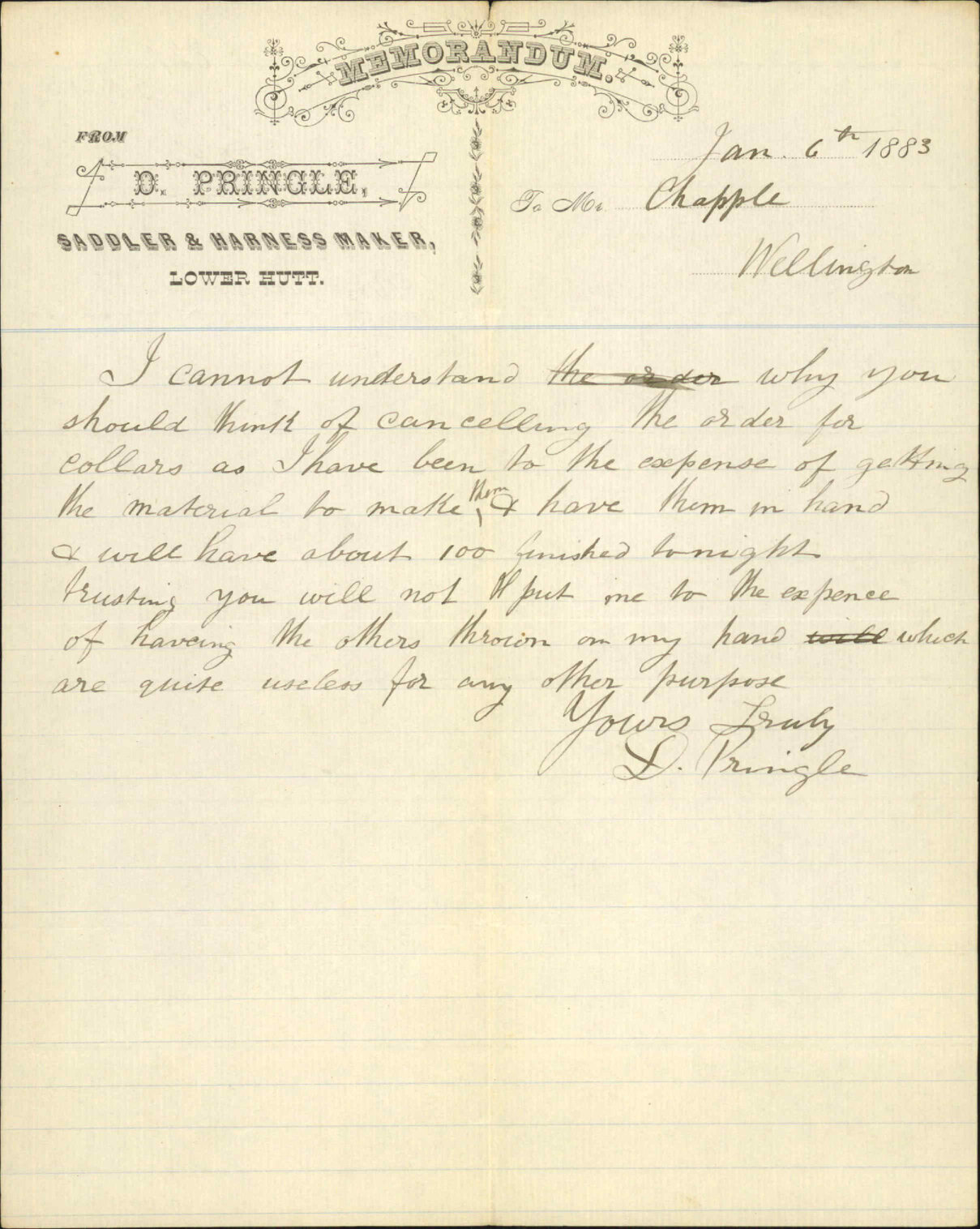 Cancellation of order for dog collars - D Pringle