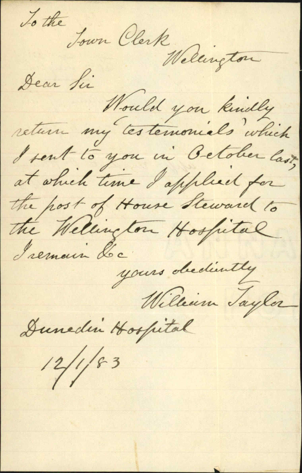 Asking for return of his testimonials - William Taylor