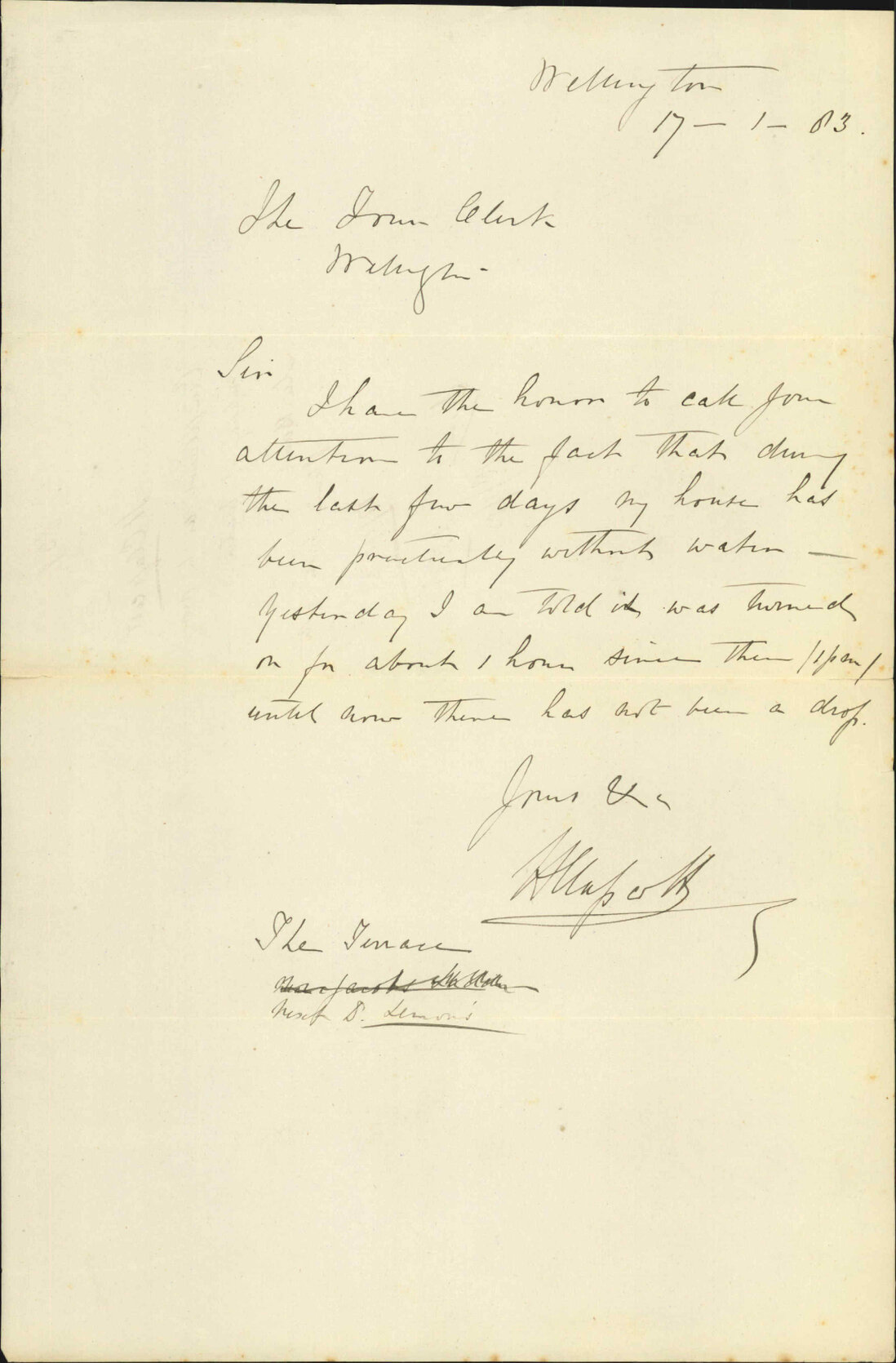 Complaint as to non supply of water - H Clappert
