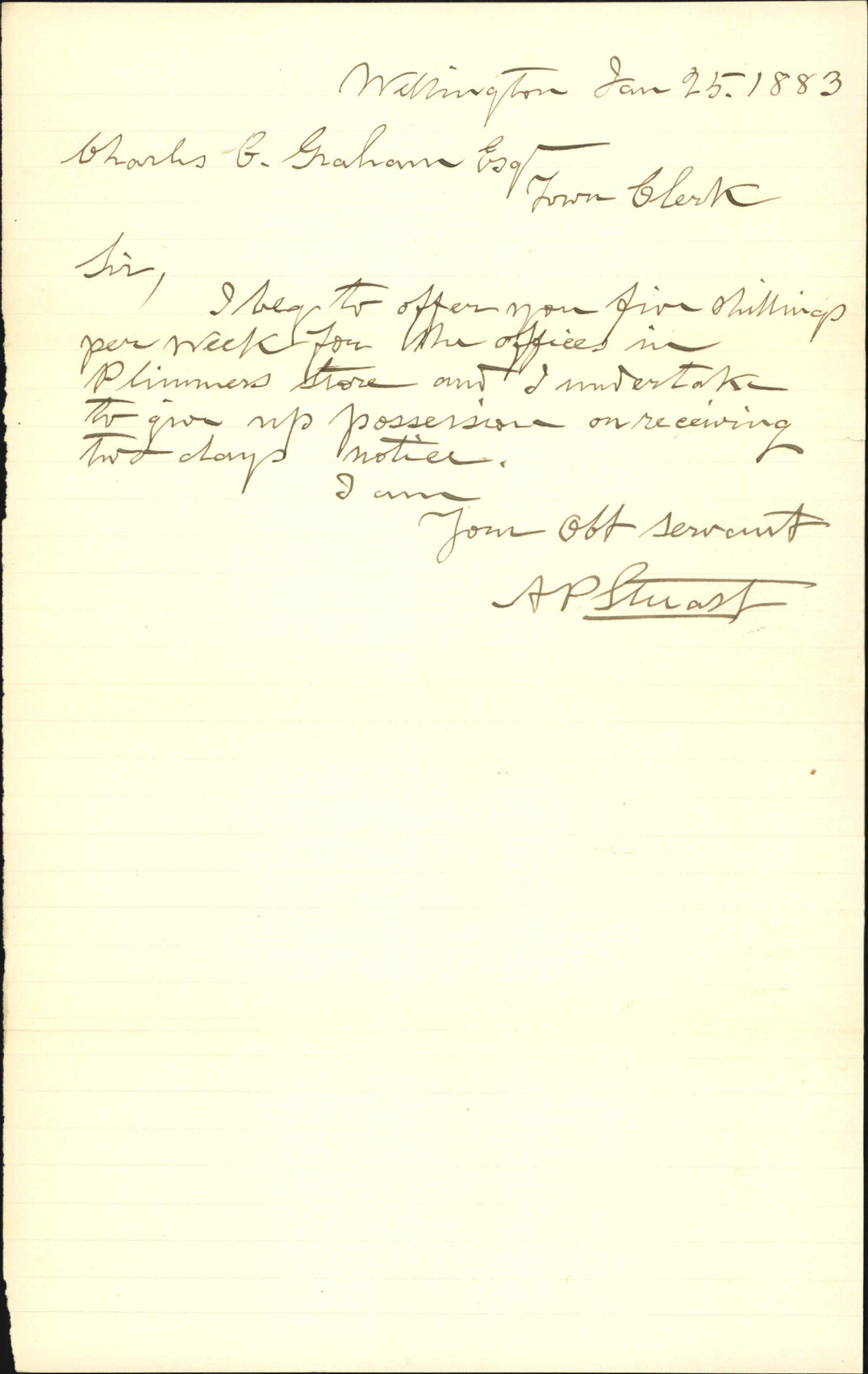 Offering five shillings per week for use of offices as Plimmers Store - A P Stewart