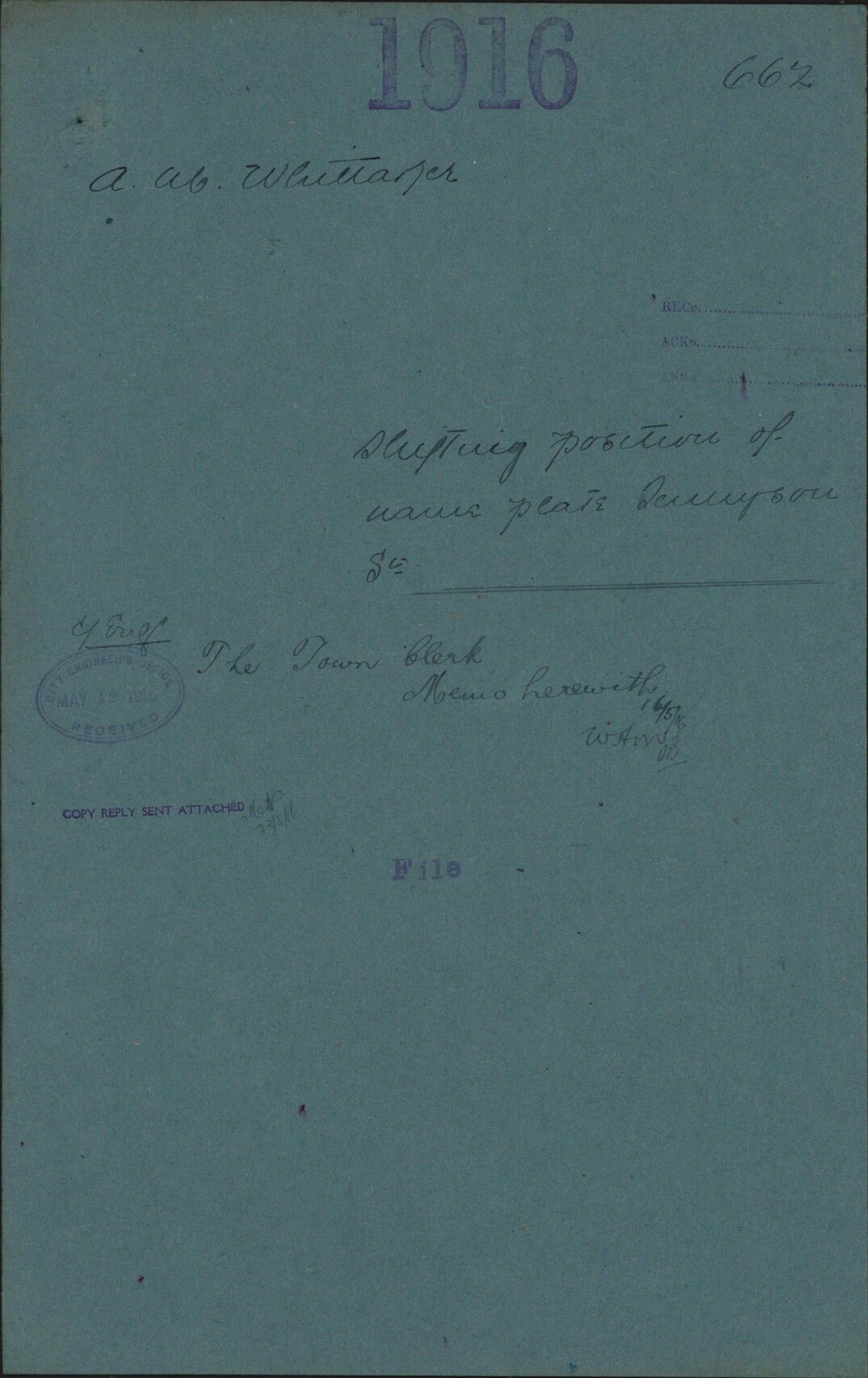 Shifting position of name plate, Tennyson Street - A M Whittaker