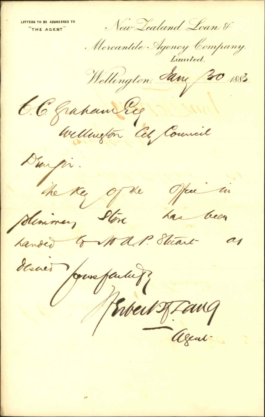 Has handed over keys of office of Plimmers Store to N P Stewart - Herbert Lang