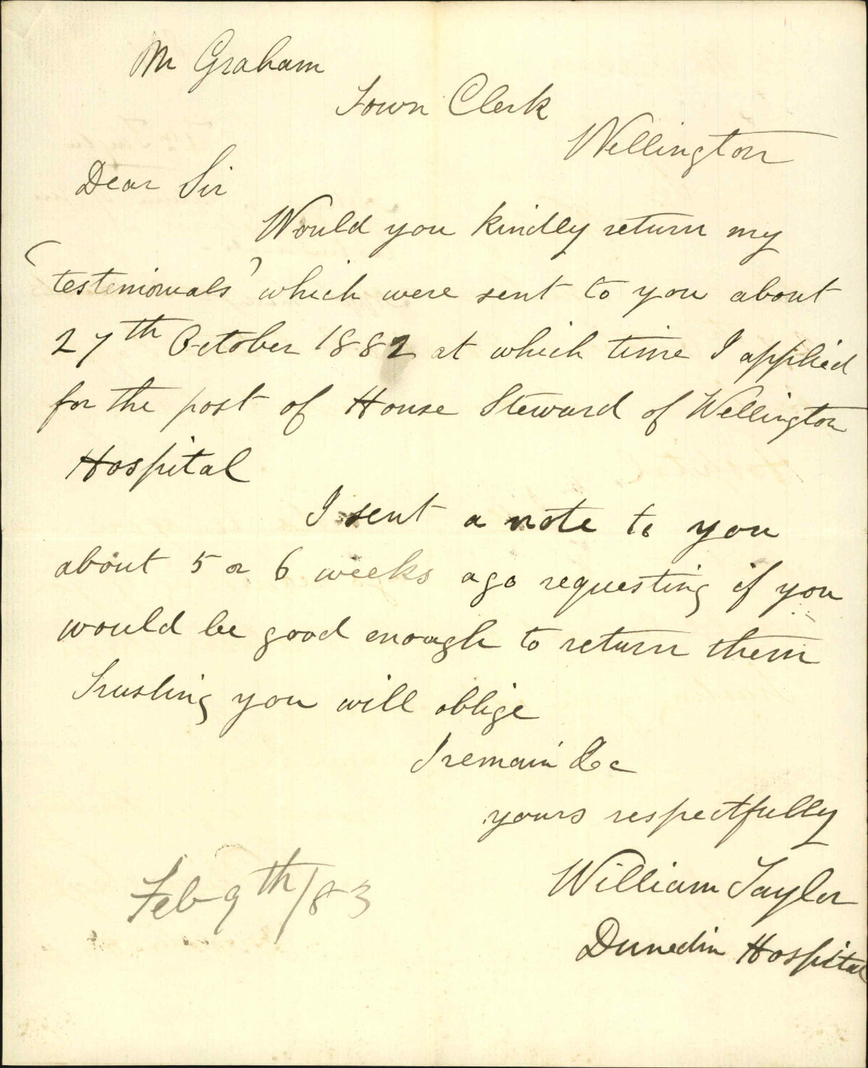 Asking for return of his testimonials - William Taylor