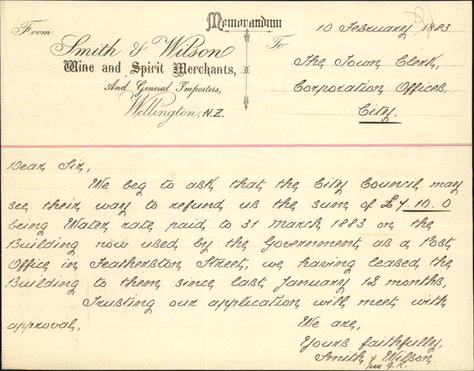 Asking for refund of water rate in Post Office - Smith and Wilson