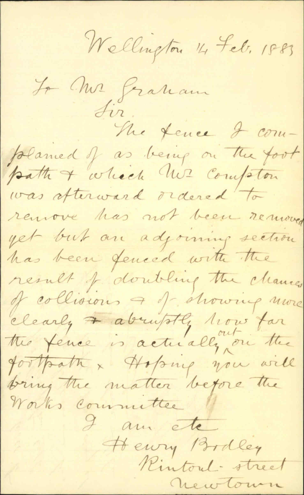 Complaint regarding encroachment of fence in road - Henry Bodley