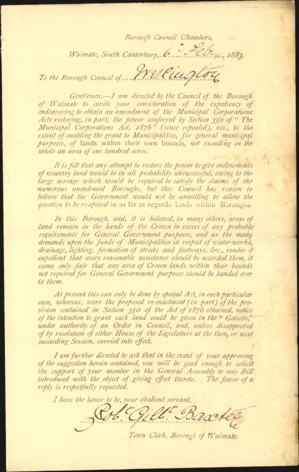 Proposed amendment to Municipal Corporations Act regarding endowments - Town Clerk Waimate