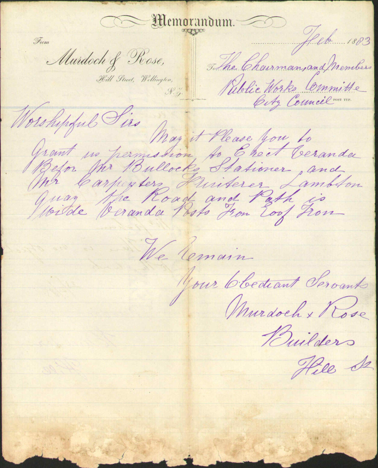 Application for erection of Verandah on Lambton Quay - Murdoch &amp; Rose