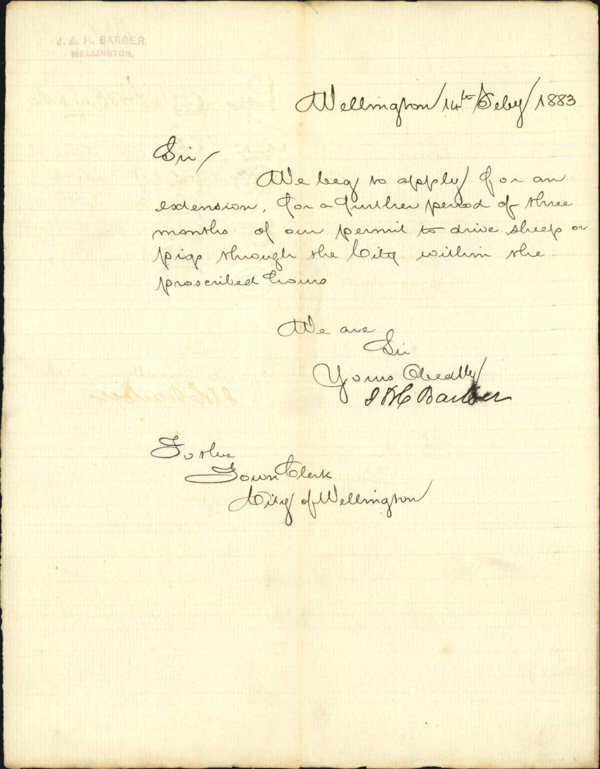 Application for leave to drive sheep through the streets - H &amp; H Barker