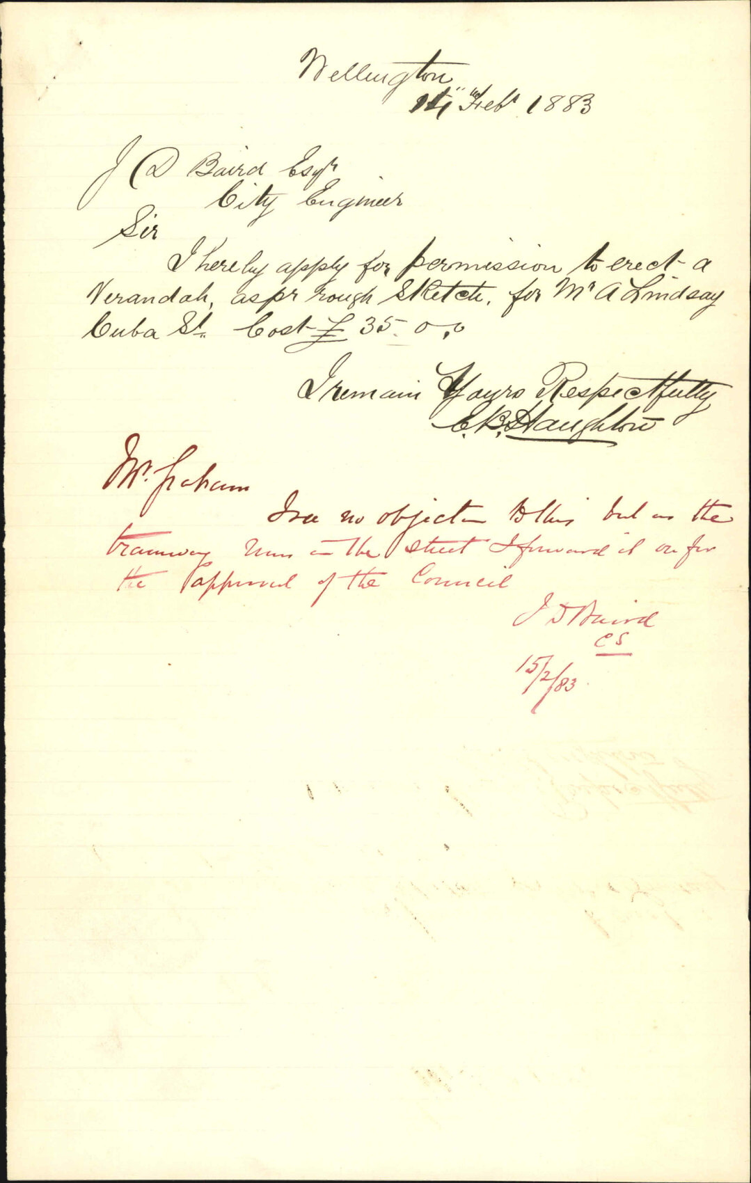 Application for leave to erect verandah - E B Houghton