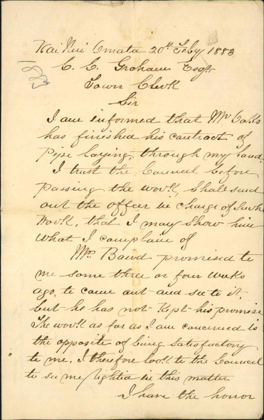 Complaint regarding water works through his property - J McKirdy