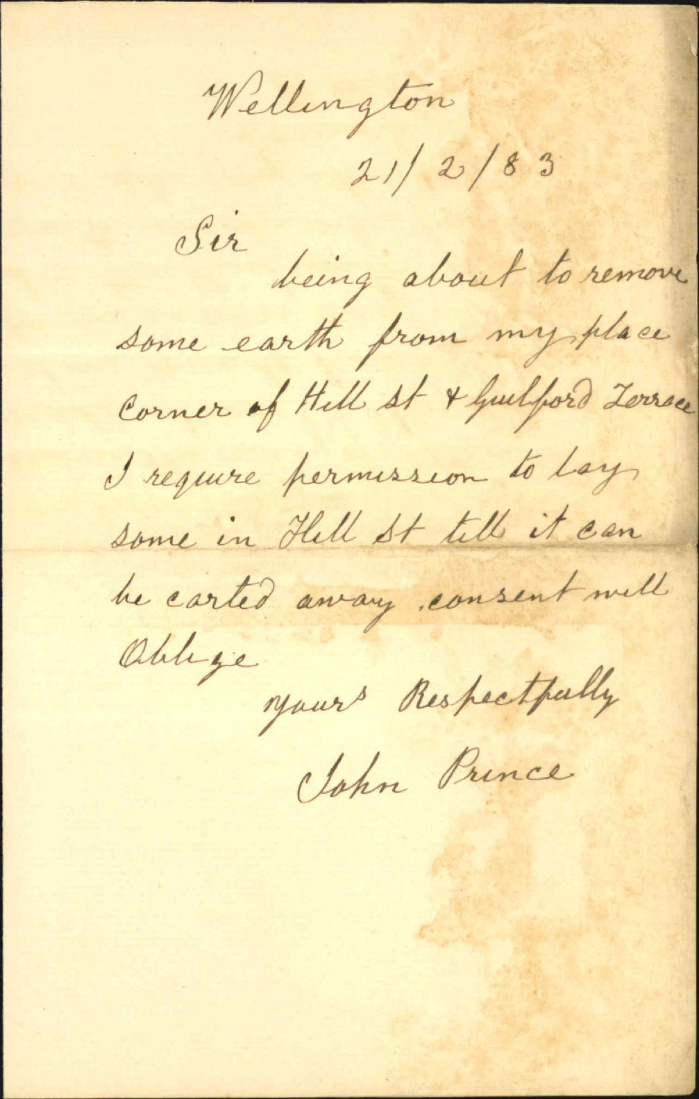 Asking to be allowed to remove earth in Hill Street - John Prince