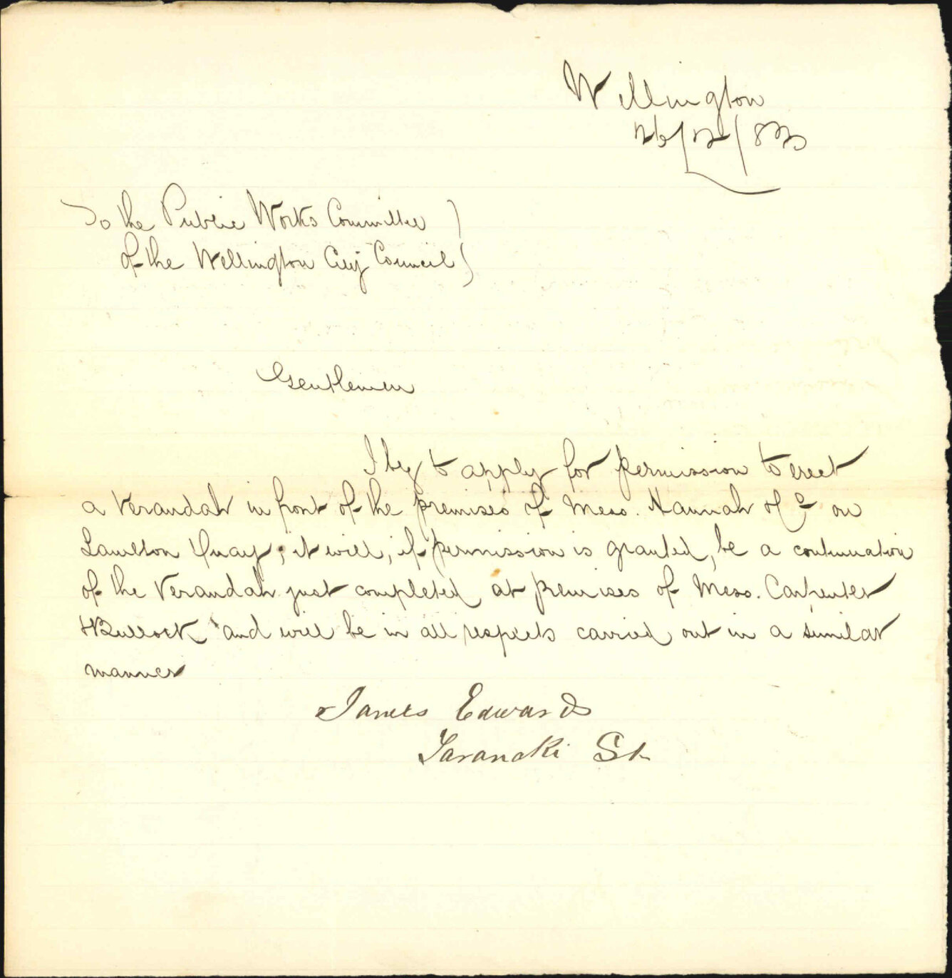 Application for leave to erect verandah - James Edward