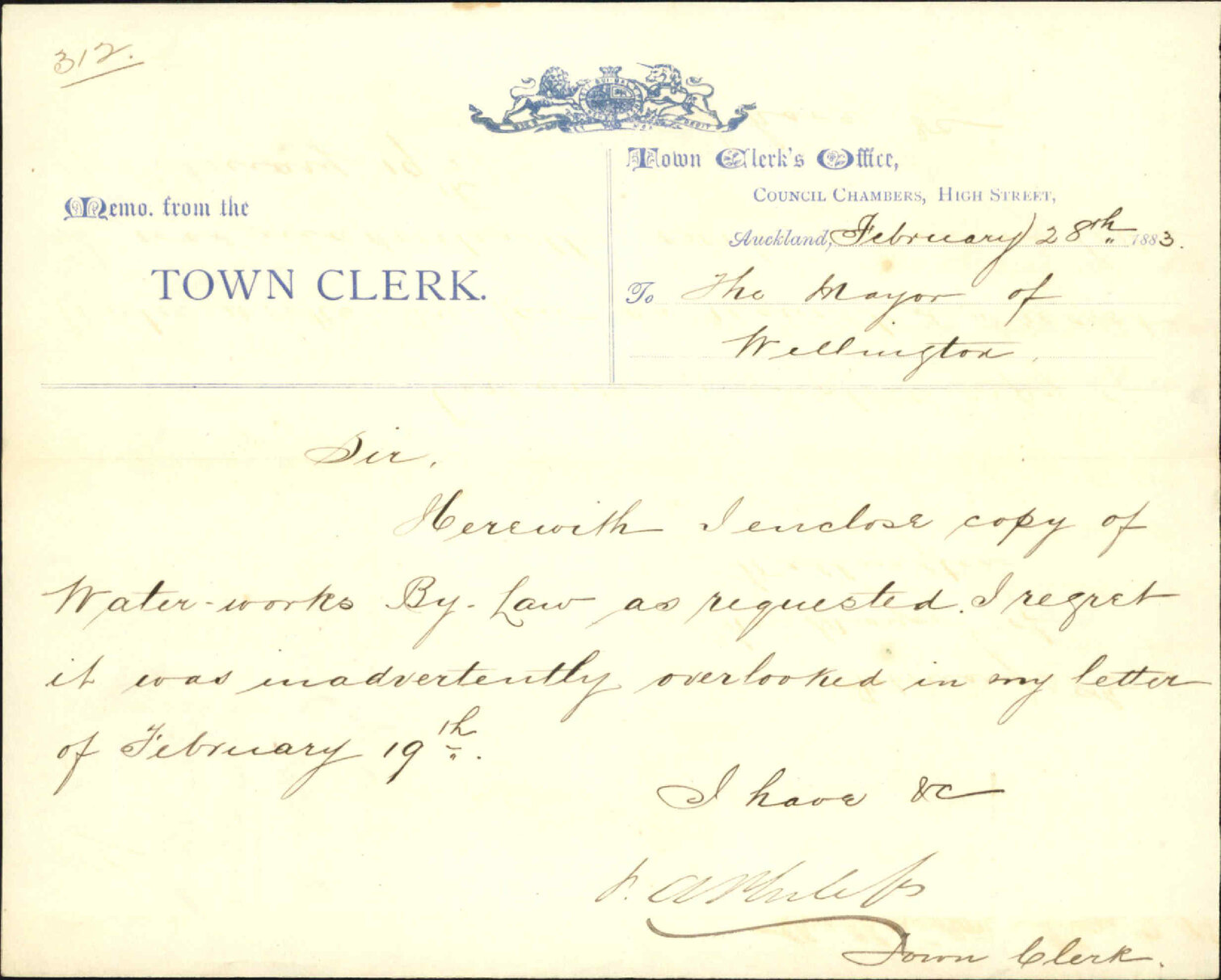 Forwarding copy of water works bylaws - Town Clerk Auckland
