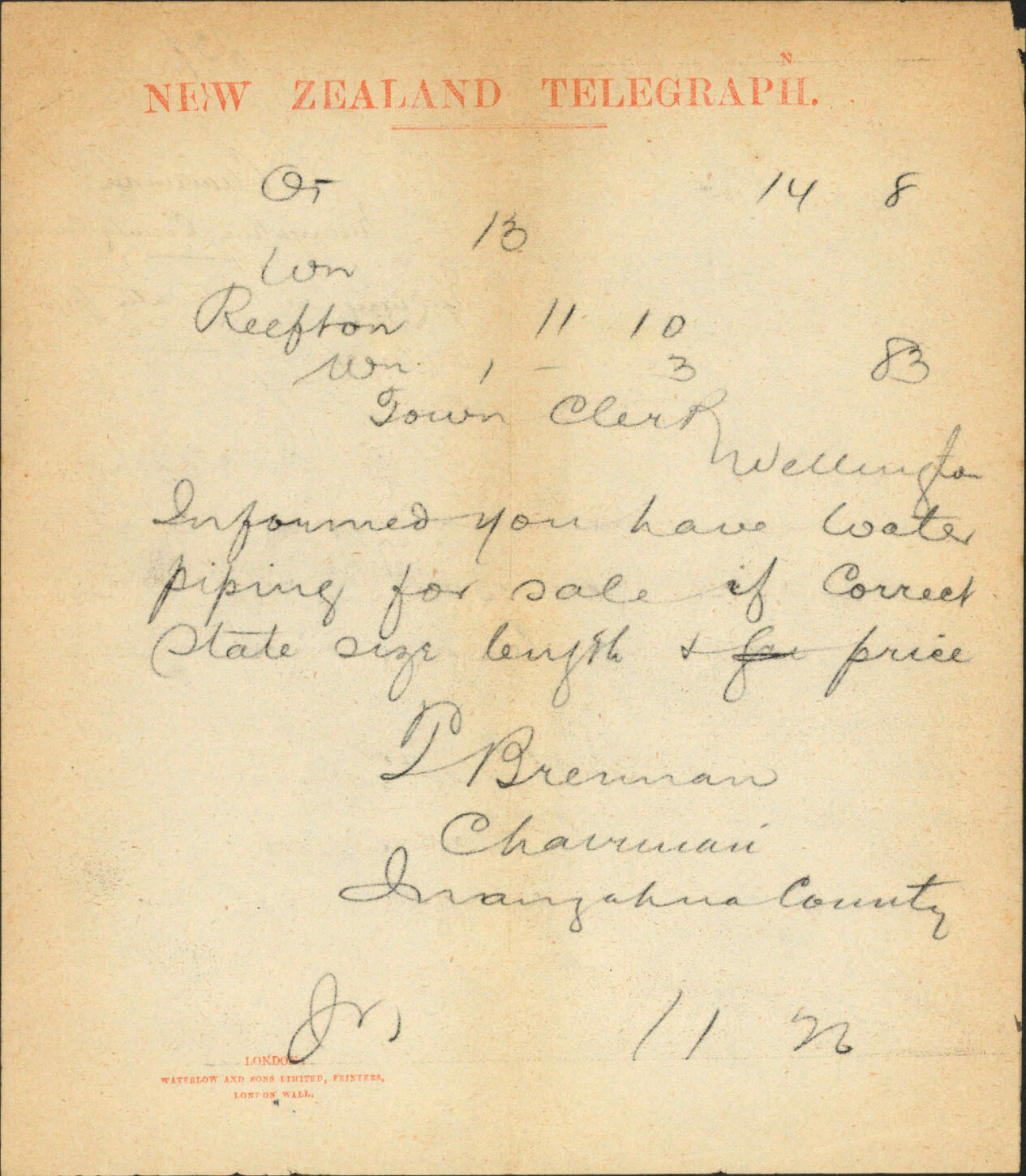 Enquiry as to water piping to dispose of - Chairman Mangahua County Council