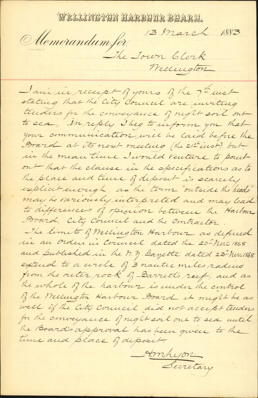 Deposit of night soil within limits of harbour - Harbour Board