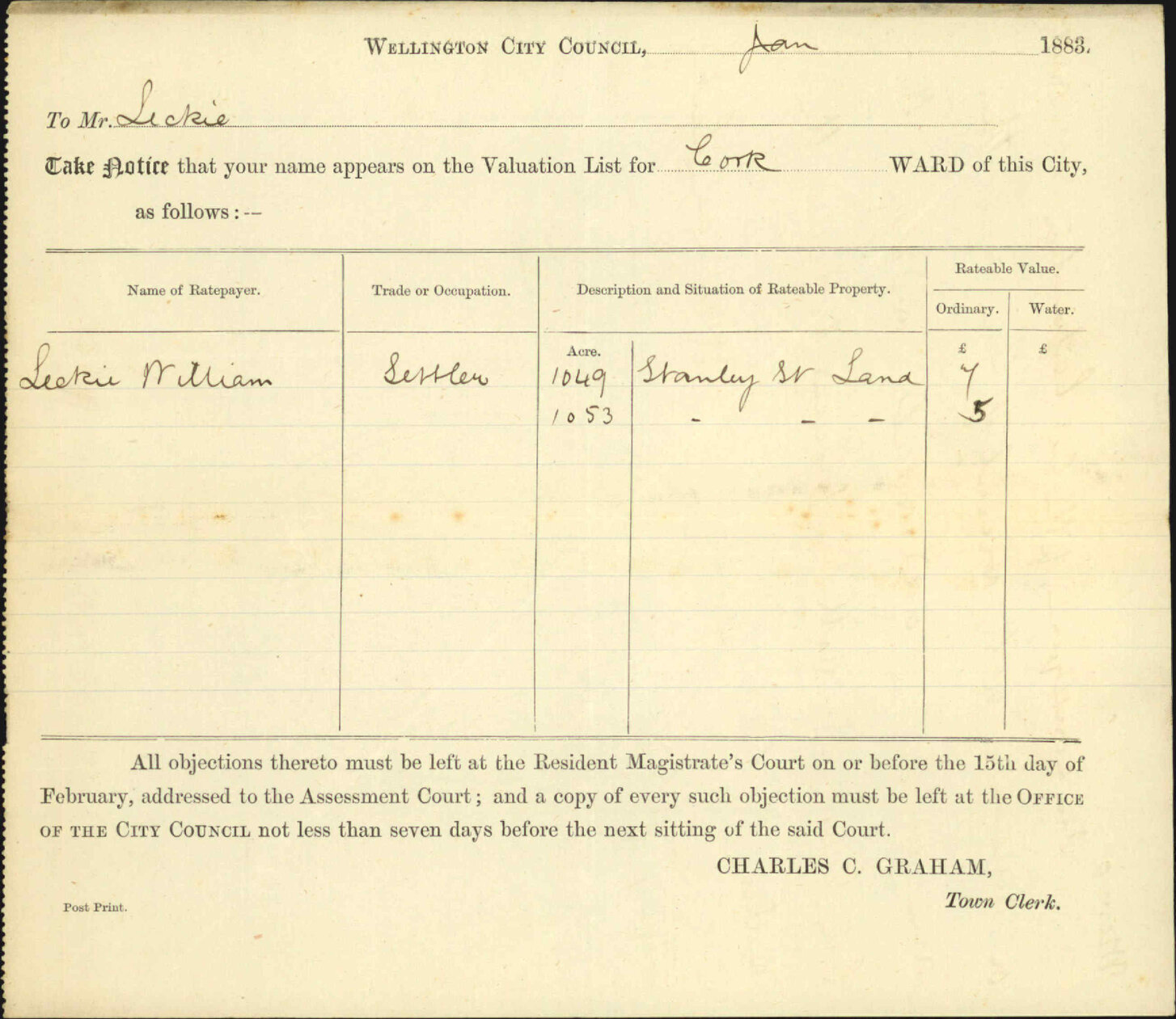 Application for remission of rates - William Leckie