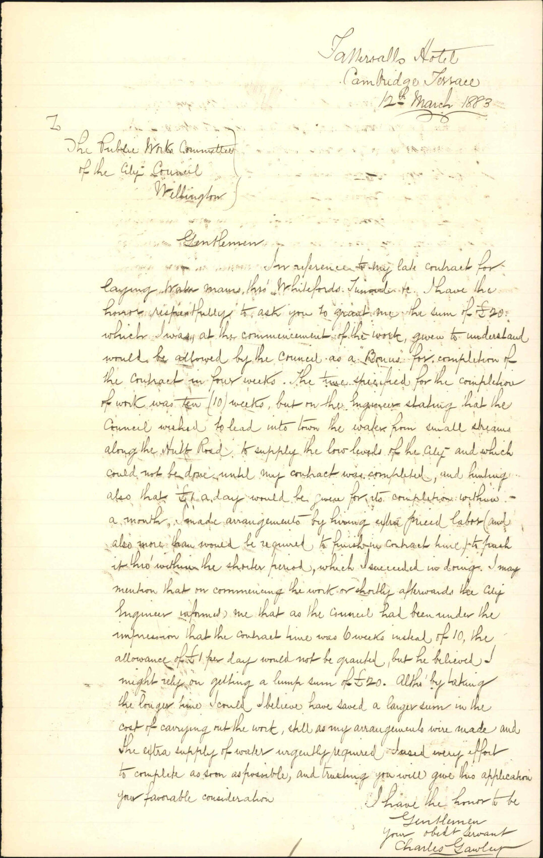 Application for monies for completion of tunnel contract within the agreed time - Charles Gawley