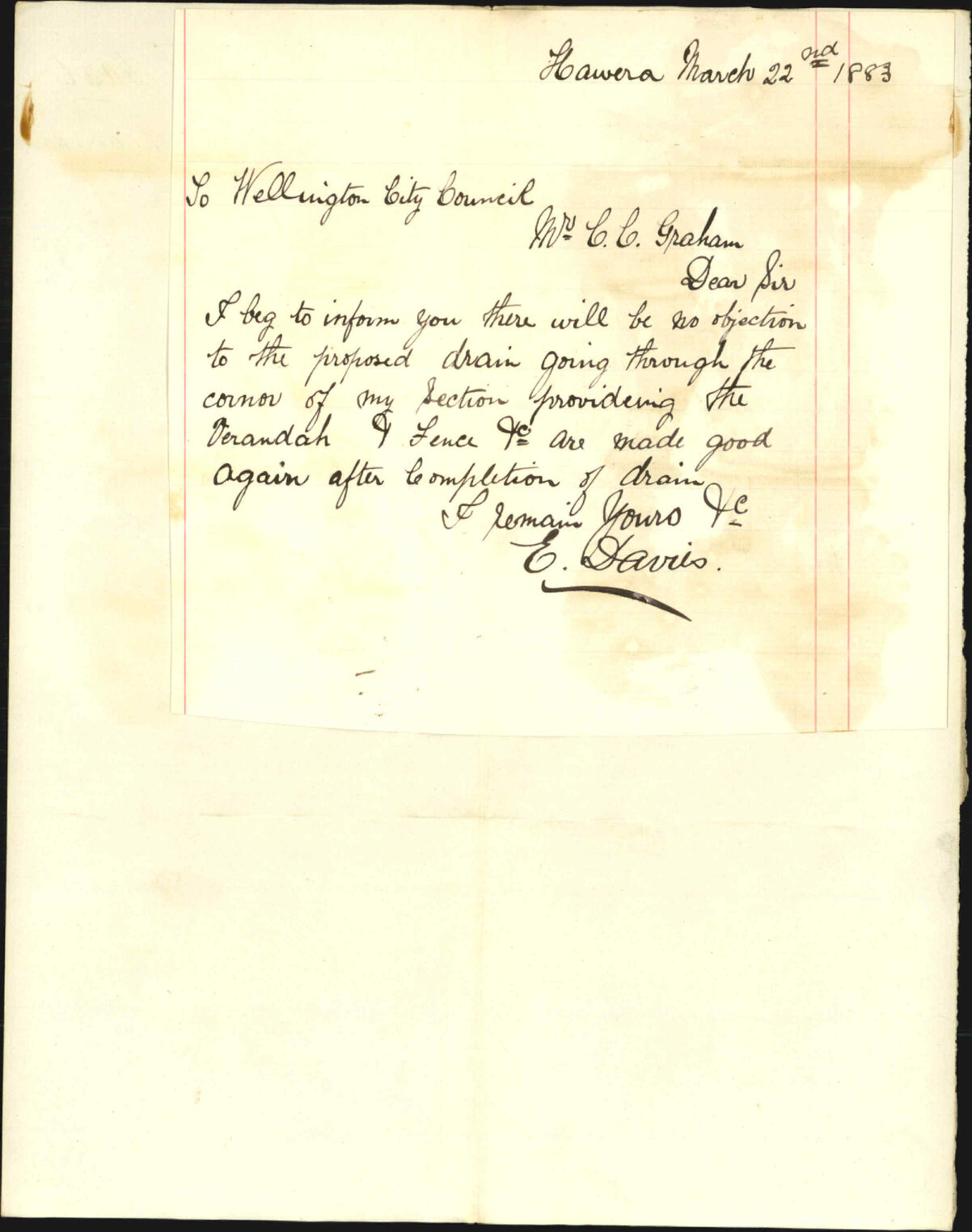Granting consent to Drummond Street drain through his property - E Davies