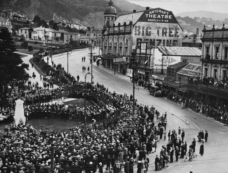 Memorial service at the temporary Cenotaph, Anzac Corner, bottom of Molesworth Street on the south side.