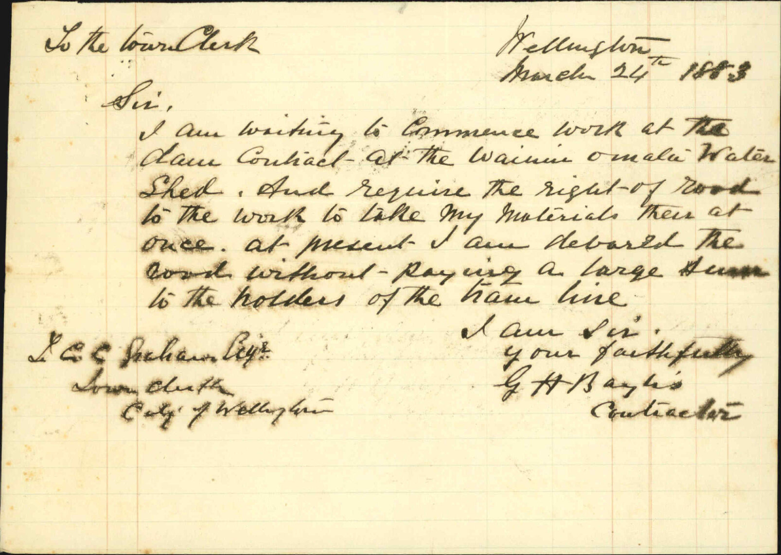 Asking for access to the dam at Wainui water works - G H Baylis
