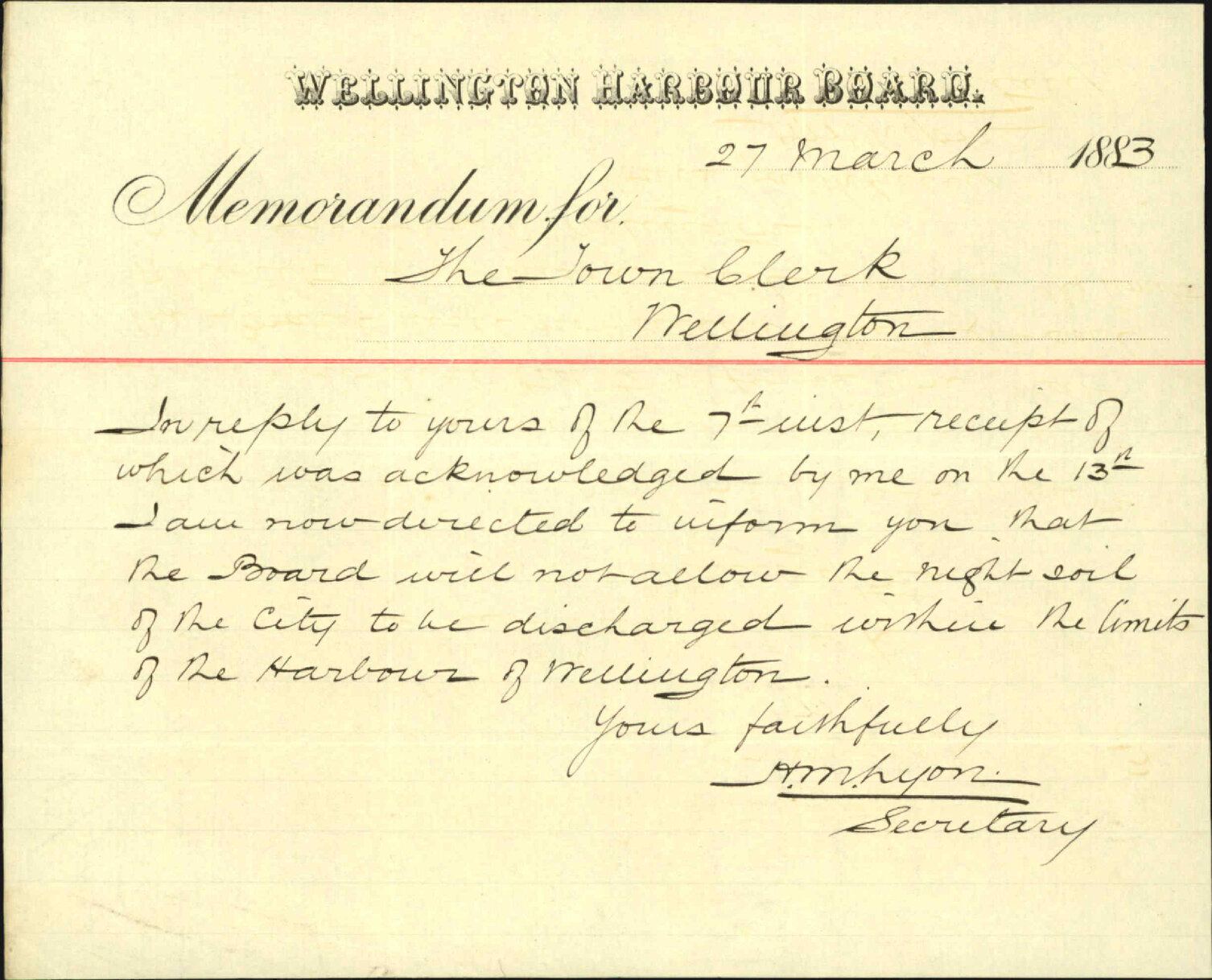 Refusal to allow disposal of night soil within the harbour - Wellington Harbour Board