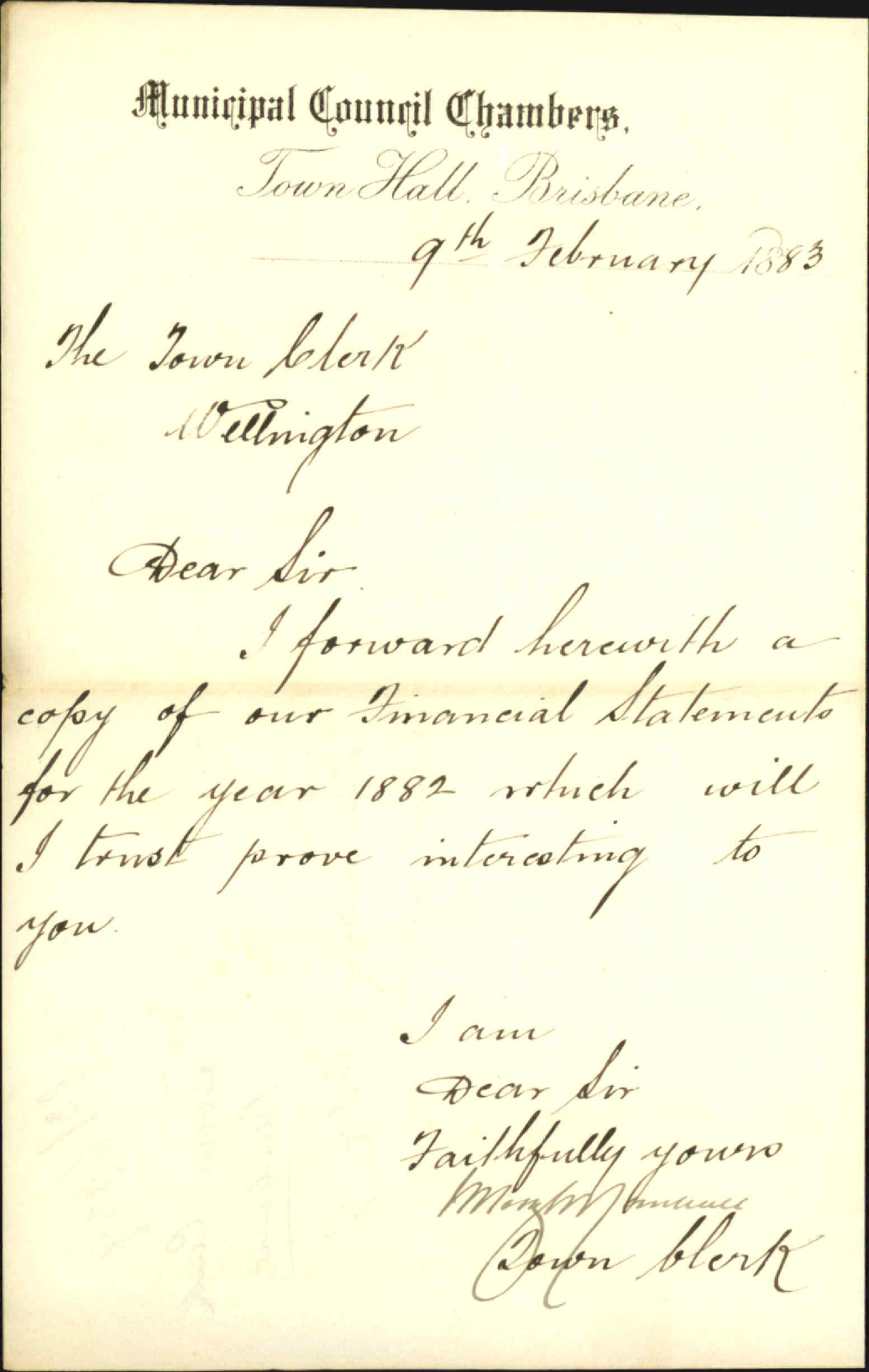 Forwarding copy of financial statements - Town Clerk, Brisbane