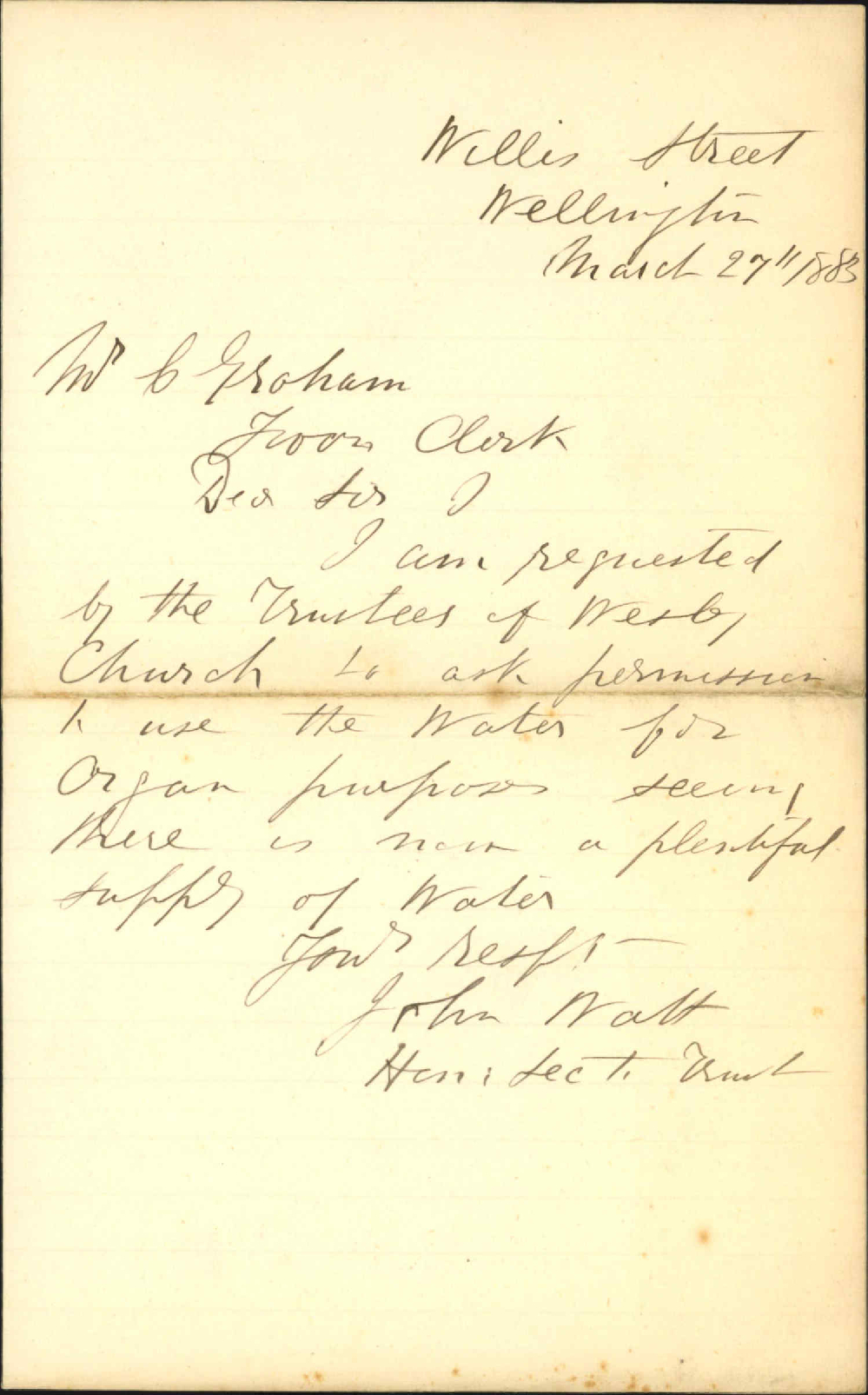 Application for water supply for organ - Wesley Church Trustees