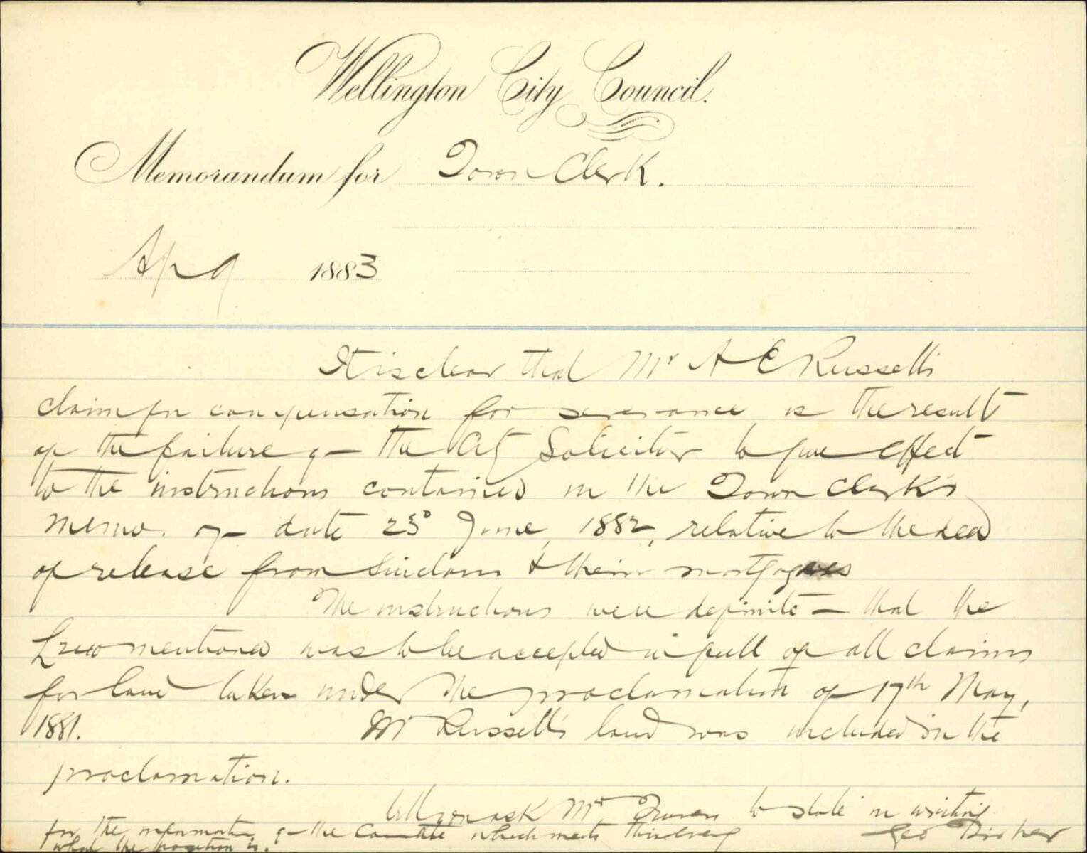 Memo regarding Mr A E Russell claim for compensation and his deed of release - The Mayor