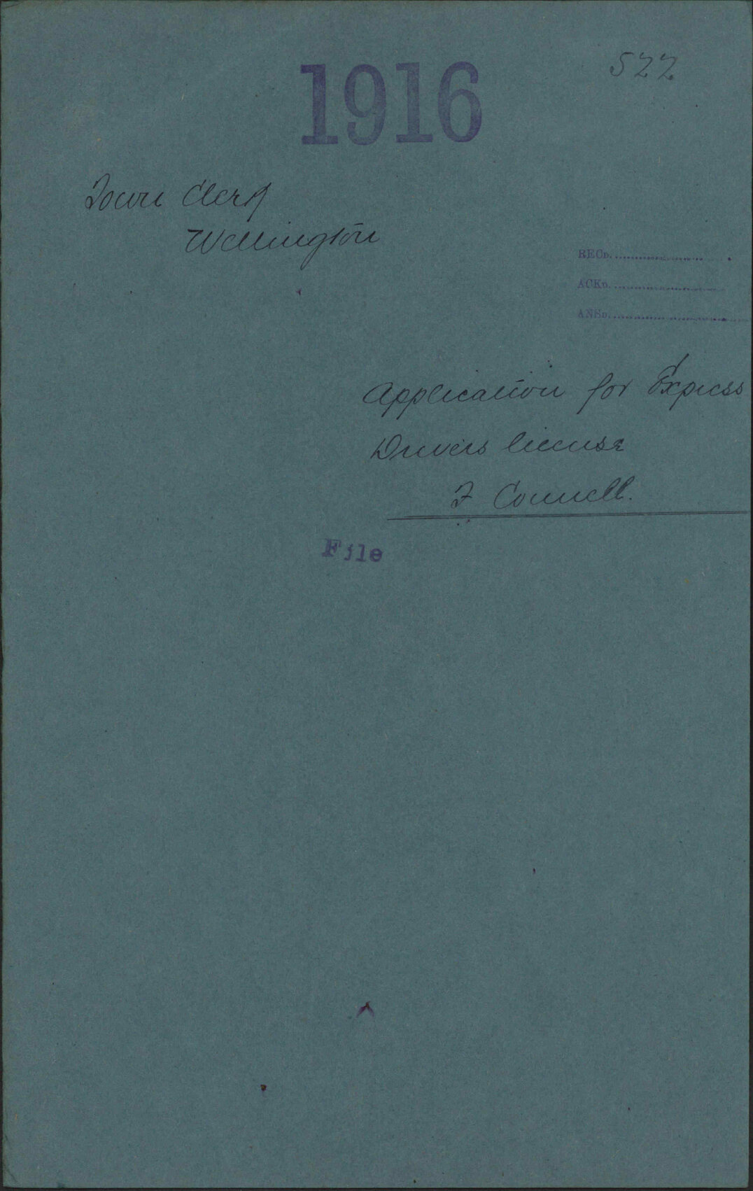 Application for Express Drivers license, Frederick Connell - Town Clerk, Wellington