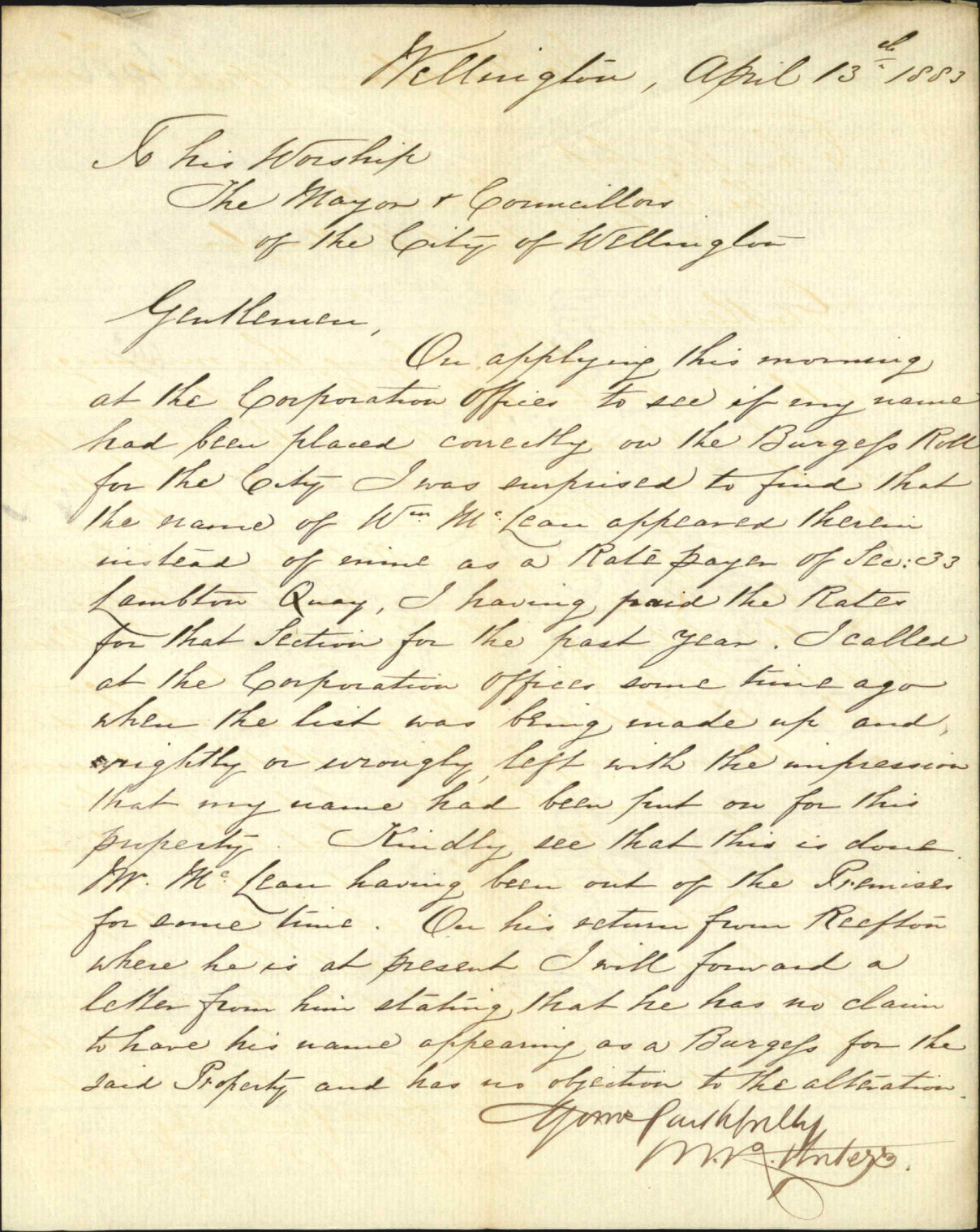 Application to leave name inserted in Burgess Roll - W R Waters