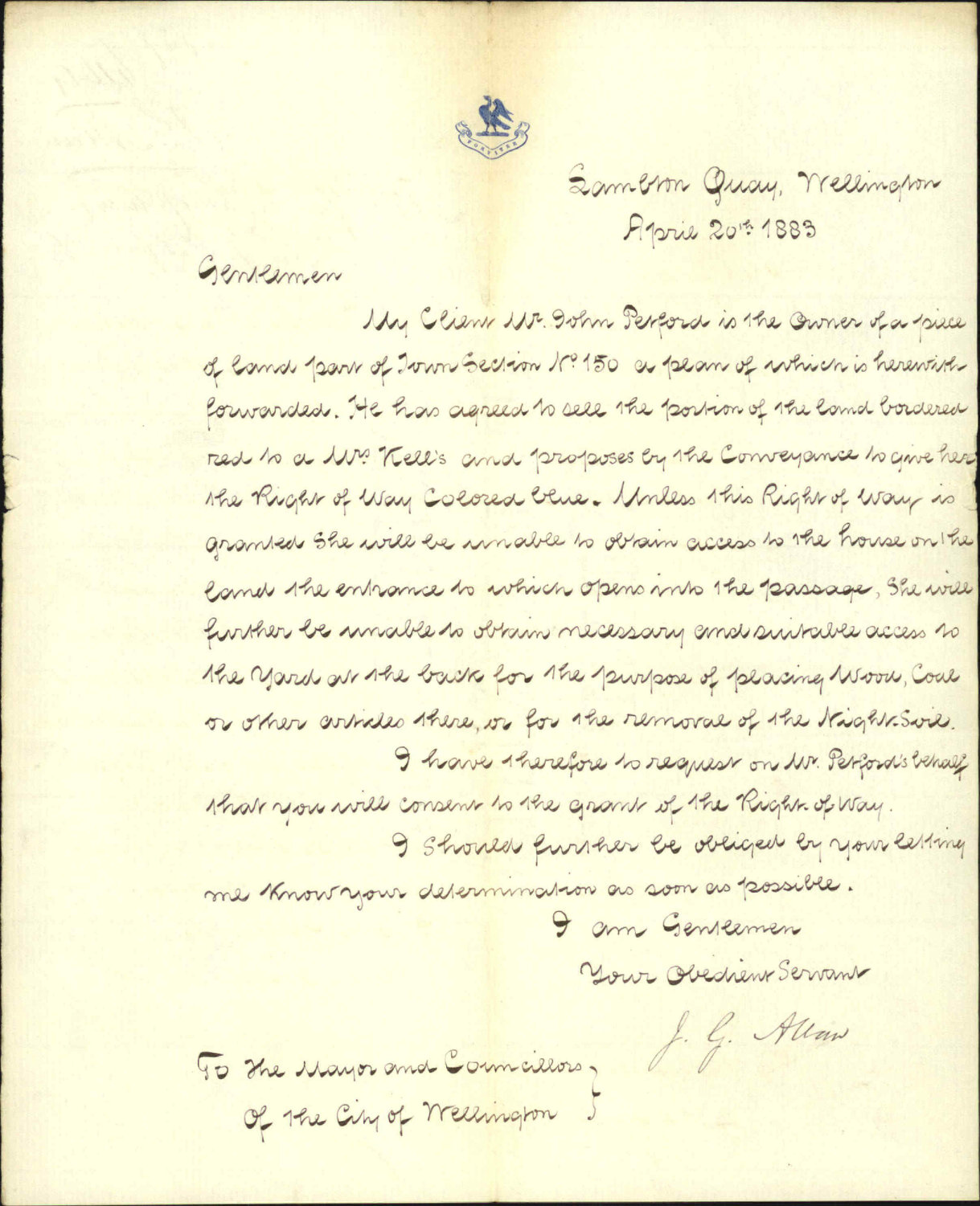 Application for right of way of Garret Street in account of Mr J Pitford - J G Allan