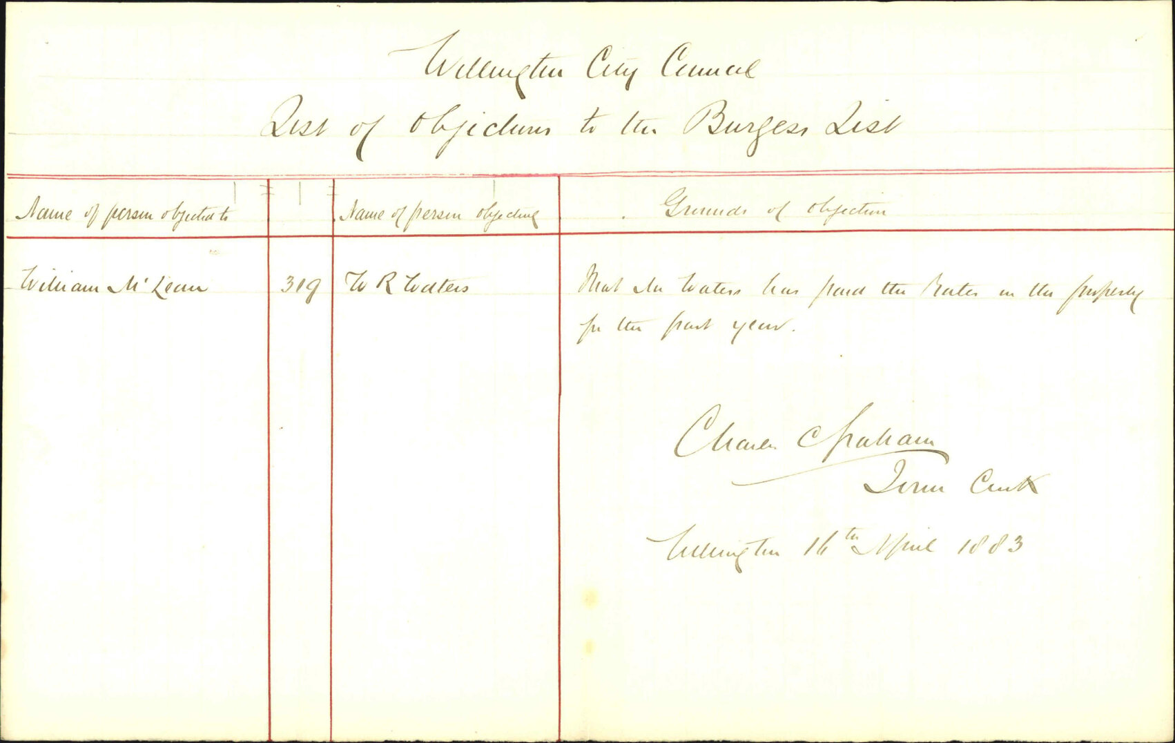 Objection to Burgess Roll official statement - W R Waters