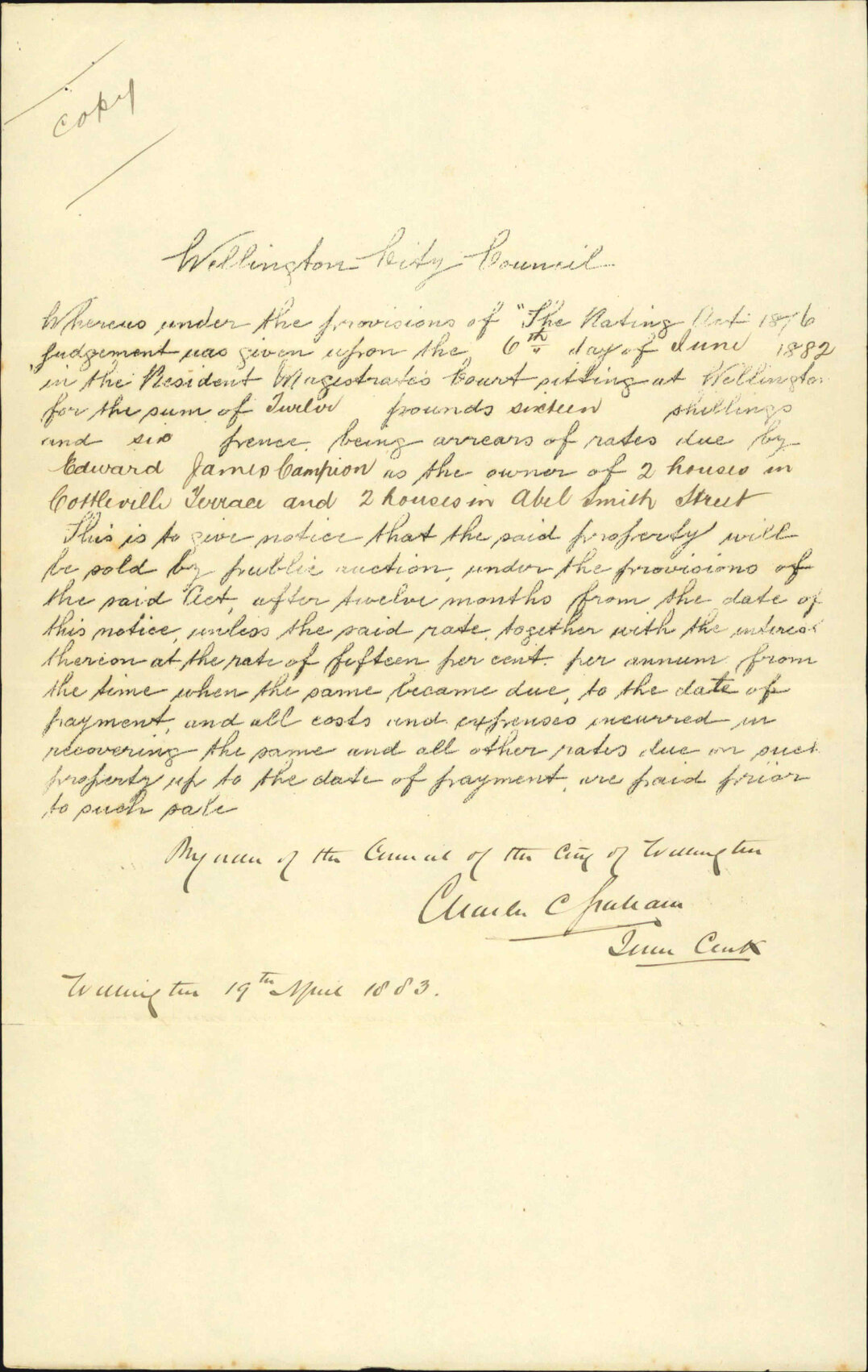 Copy of notice regarding sale of property - Edward James Campion