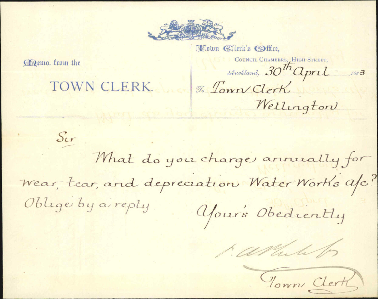 Query regarding water works account - Town Clerk Auckland
