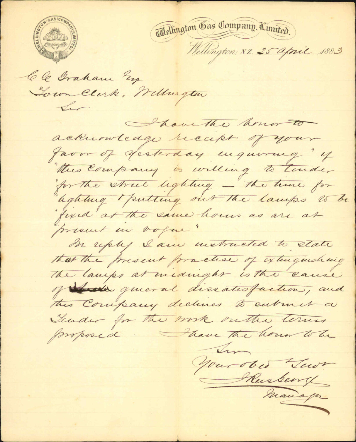 Declining to tender for the lighting of the city - Wellington Gas Co