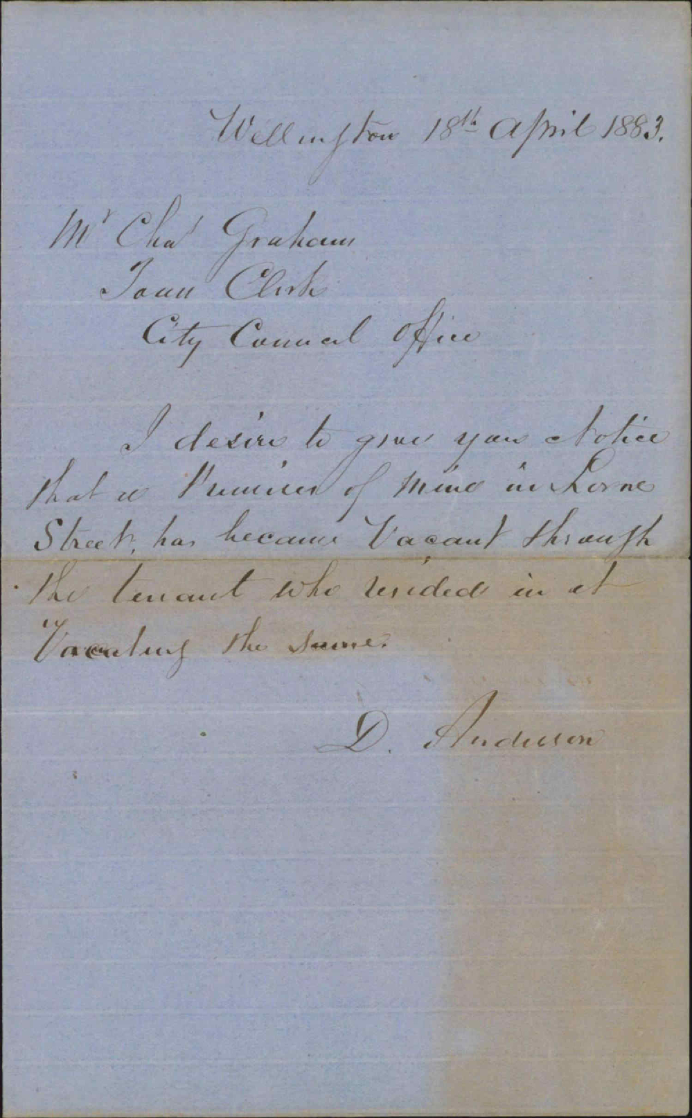 Notice of premises becoming vacant - D Anderson