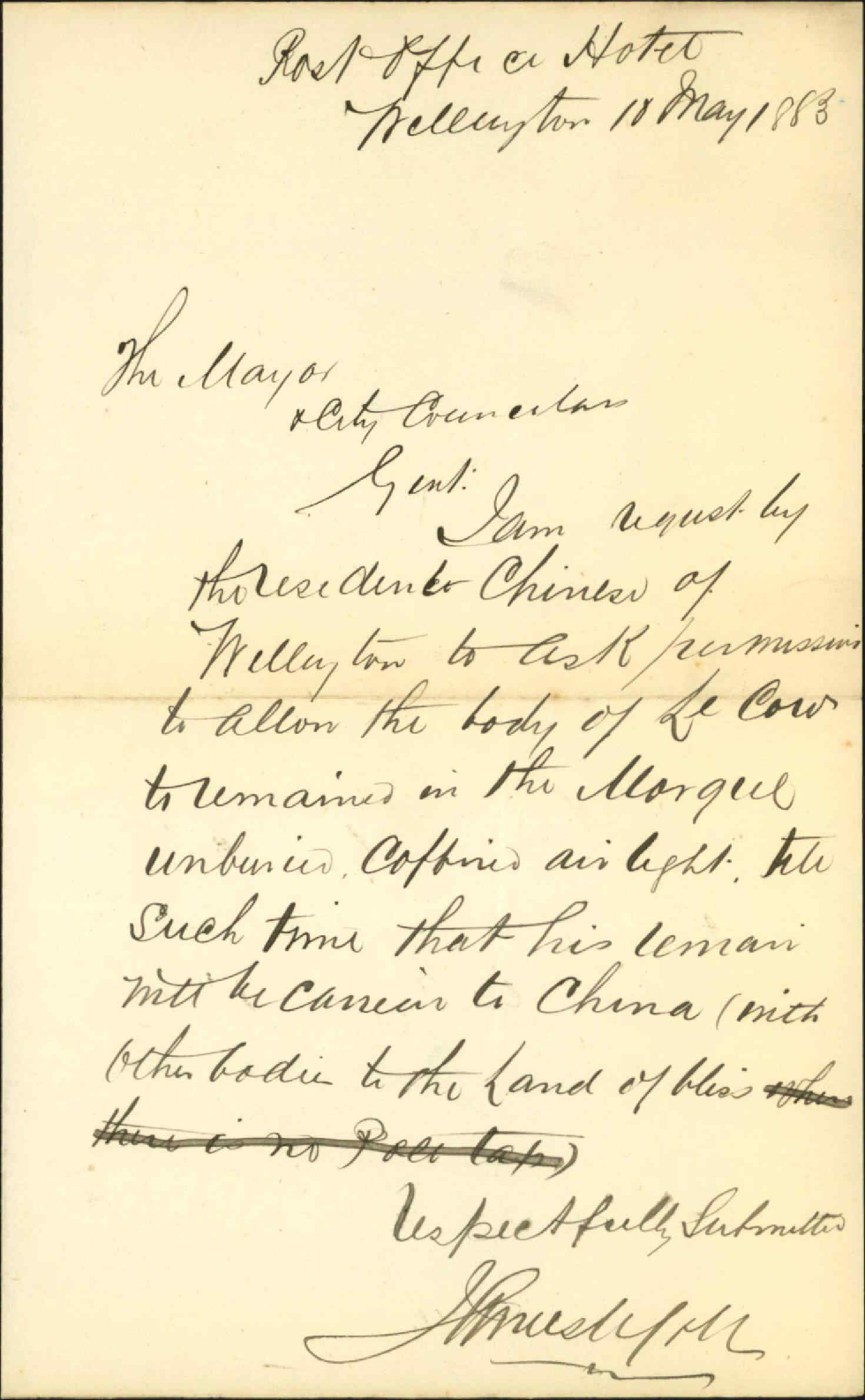 Application for leave to lay body of Chinaman to remain in the morgue - James McColl