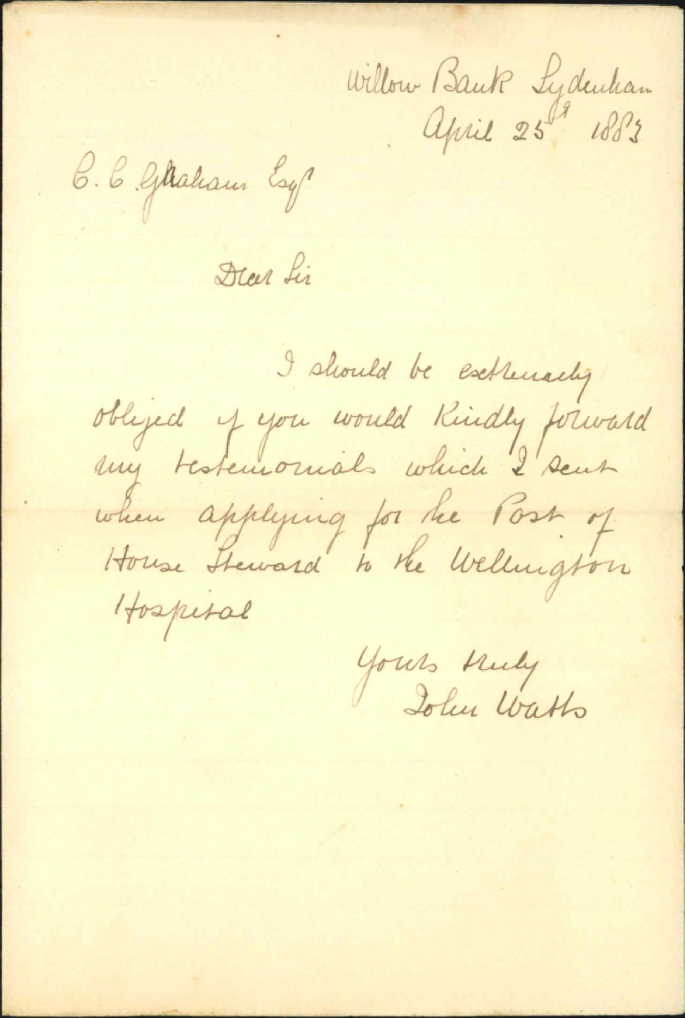 Application for testimonials as Hospital Steward - John Waters
